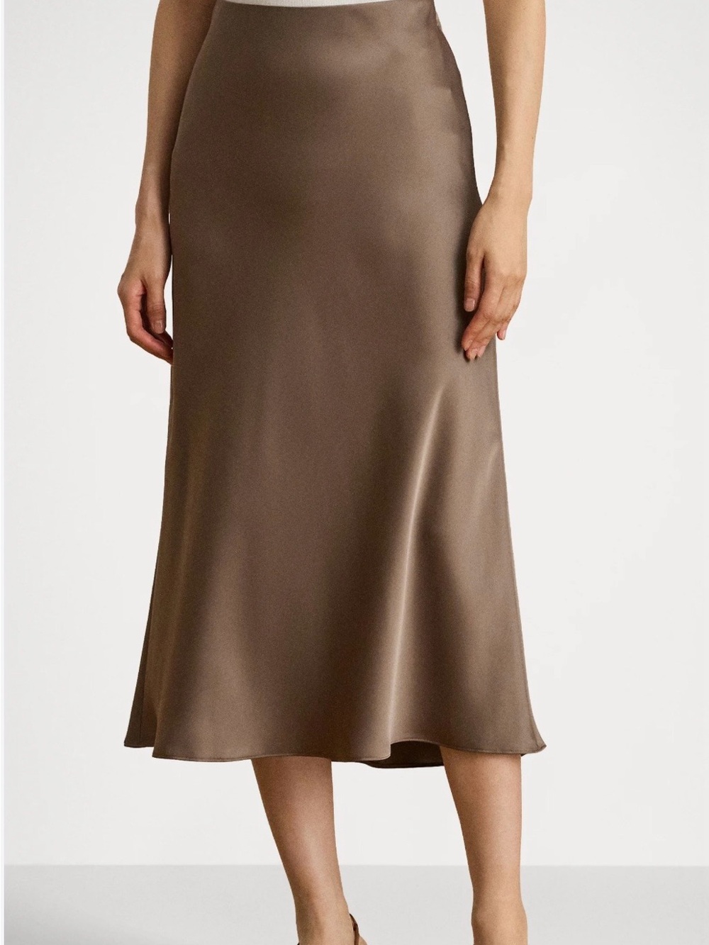 NWOT Dynamite Taupe Satin Midi Skirt